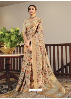 Light Beige Designer Traditional Party Wear Linen Sari