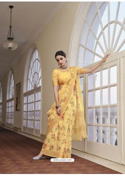 Light Yellow Designer Traditional Party Wear Linen Sari