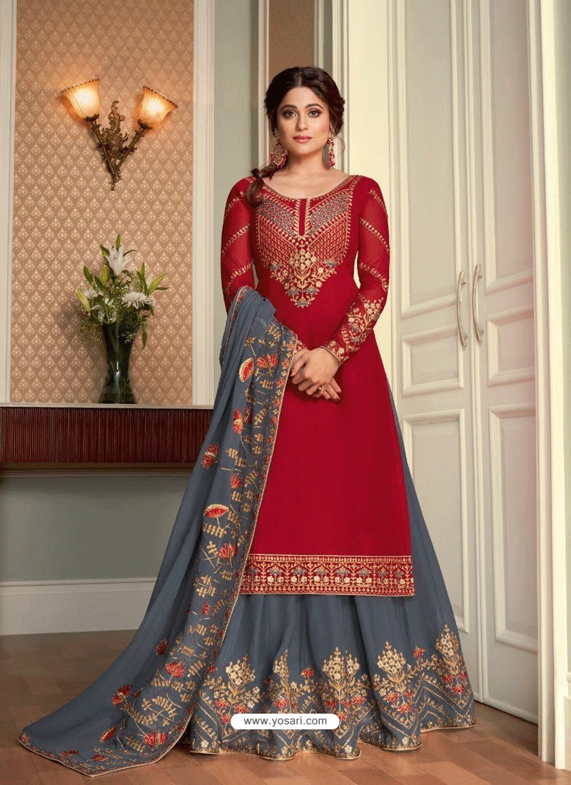 Buy Tomato Red Real Georgette Designer Party Wear Wedding Suit ...