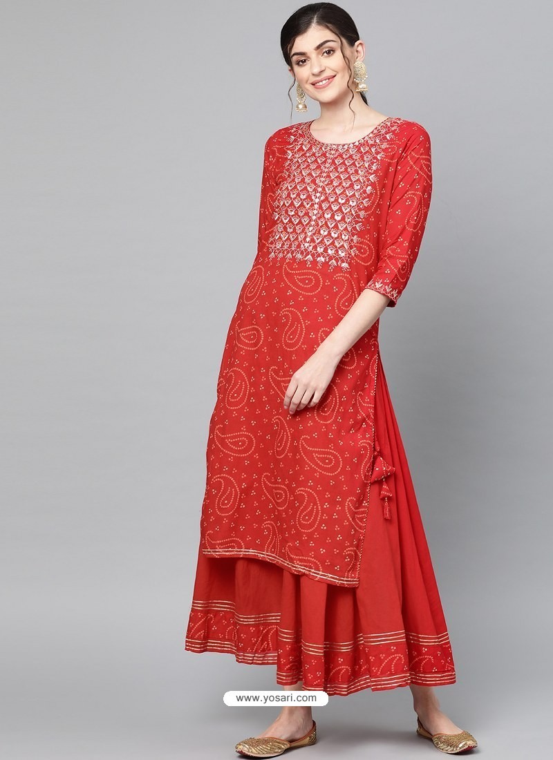 red designer party wear kurtis