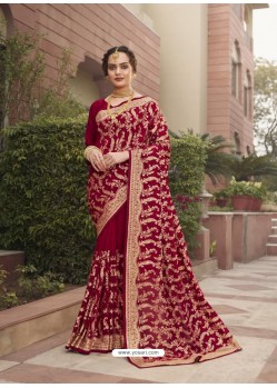 Wine Designer Traditional Wear Heavy Vichitra Blooming Sari