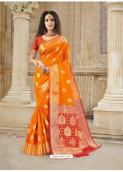 Orange Latest Designer Party Wear Soft Silk Sari
