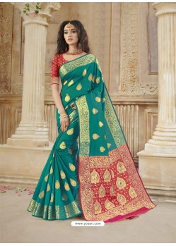 Teal Latest Designer Party Wear Soft Silk Sari