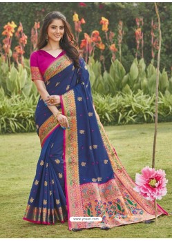 Dark Blue Latest Designer Party Wear Silk Sari