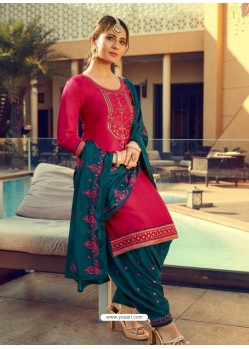 Rose Red Designer Party Wear Jam Silk Cotton Punjabi Patiala Suit