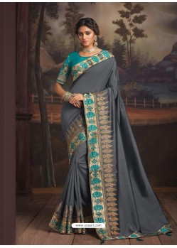 Grey Latest Designer Party Wear Silk Sari