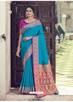 Blue Latest Designer Party Wear Silk Sari