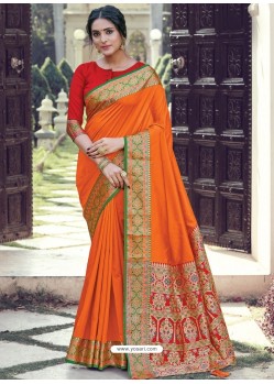 Orange Latest Designer Party Wear Silk Sari