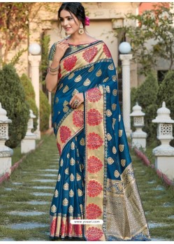 Teal Blue Latest Designer Traditional Party Wear Silk Sari