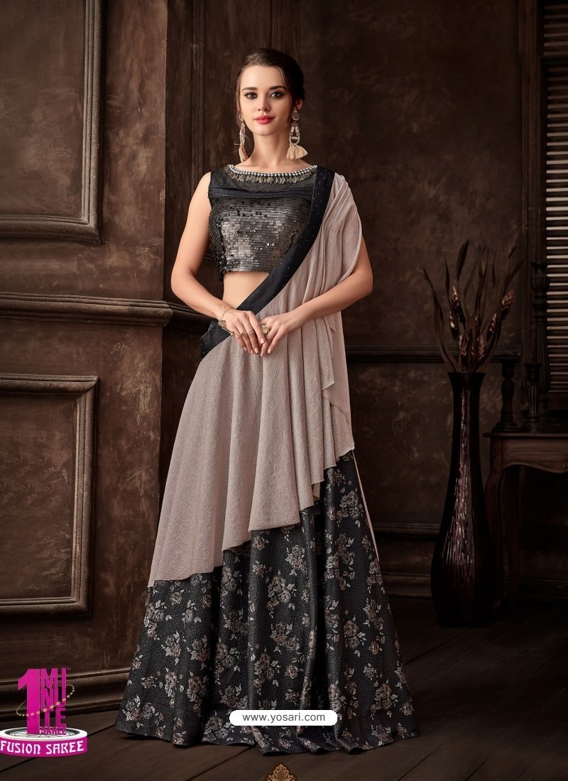 Dark Grey Scintillating Designer Fancy Party Wear Lehenga Style Sari