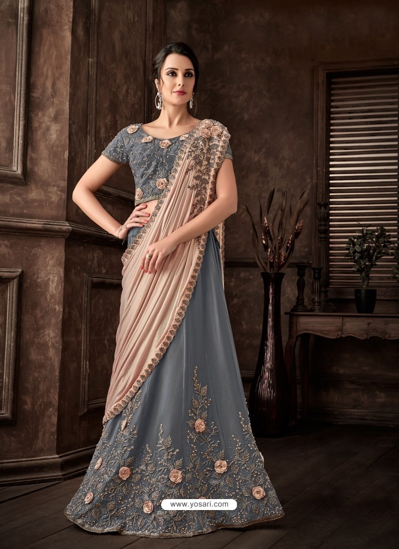 Aqua Grey Scintillating Designer Fancy Party Wear Lehenga Style Sari