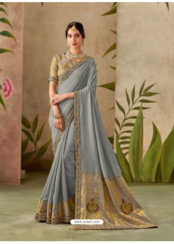 Grey Latest Designer Traditional Party Wear Silk Sari