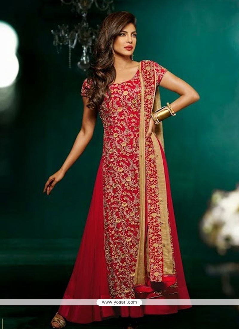 Priyanka Chopra Red And Beige Georgette Anarkali Suit