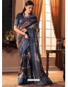 Navy Blue Designer Casual Printed Silk Sari