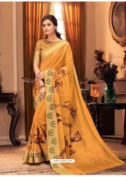 Mustard Designer Casual Printed Silk Sari