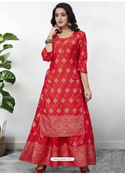 Red Readymade Designer Kurti With Gown Both Combine