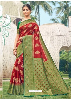 Red Latest Designer Traditional Party Wear Cotton Silk Sari