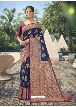 Dark Blue Latest Designer Traditional Party Wear Cotton Silk Sari