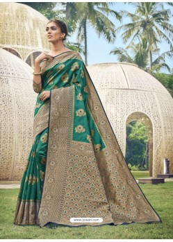 Teal Latest Designer Traditional Party Wear Cotton Silk Sari