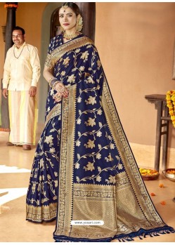 Dark Blue Astonishing Designer Wedding Wear Silk Sari