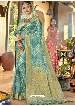 Sky Blue Astonishing Designer Wedding Wear Silk Sari