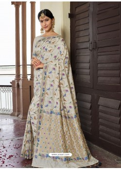 Off White Astonishing Designer Wedding Wear Silk Sari