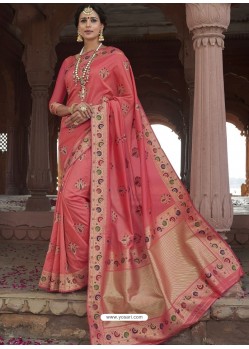 Peach Astonishing Designer Wedding Wear Silk Sari