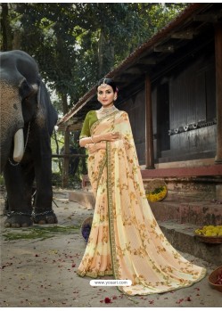 Cream Designer Party Wear Printed Chiffon Sari