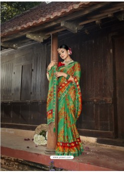 Jade Green Designer Party Wear Printed Chiffon Sari