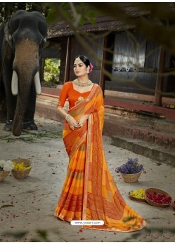 Orange Designer Party Wear Printed Chiffon Sari