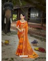 Orange Designer Party Wear Printed Chiffon Sari