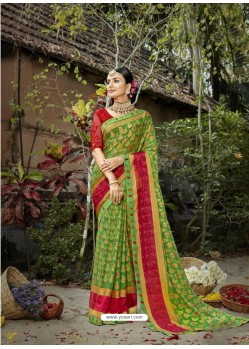 Green Designer Party Wear Printed Chiffon Sari