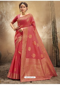 Dark Peach Designer Party Wear Classic Cotton Sari