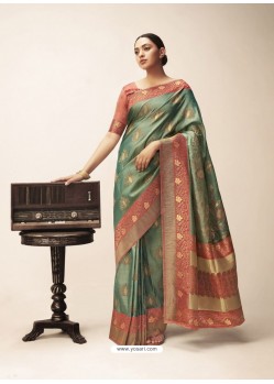 Grayish Green Designer Party Wear Classic Cotton Sari