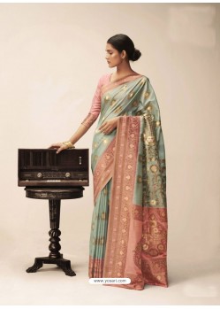 Aqua Grey Designer Party Wear Classic Cotton Sari