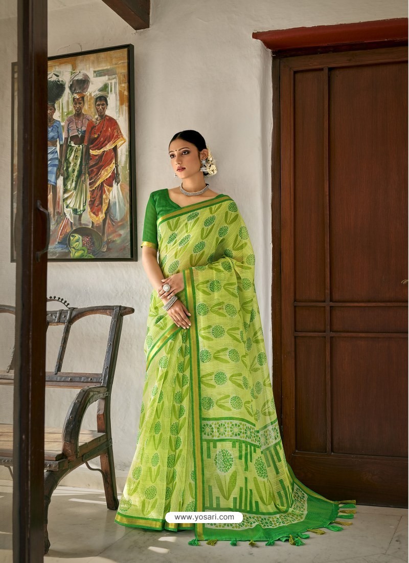 Buy Pretty Parrot Green With Blue Color Soft Cotton Silk Saree | keerramnx