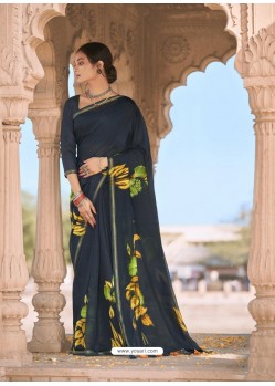 Navy Blue Designer Casual Soft Cotton Linen Sari
