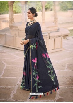 Navy Blue Designer Casual Soft Cotton Linen Sari