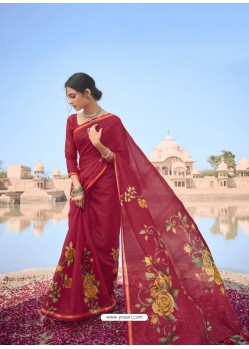 Red Designer Casual Soft Cotton Linen Sari