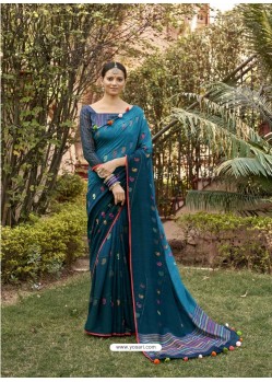 Teal Blue Designer Party Wear Chanderi Silk Sari