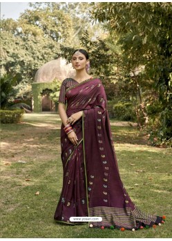 Deep Wine Designer Party Wear Chanderi Silk Sari