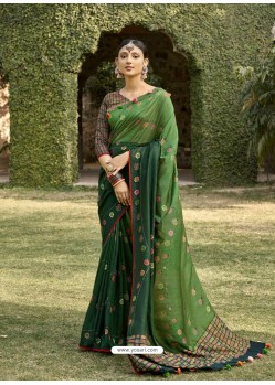 Dark Green Designer Party Wear Chanderi Silk Sari