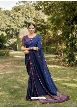 Navy Blue Designer Party Wear Chanderi Silk Sari