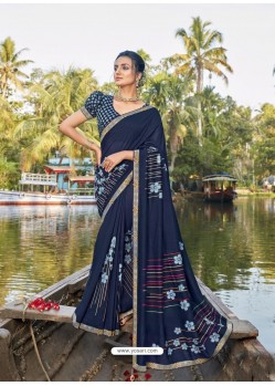 Navy Blue Designer Party Wear Chanderi Silk Sari