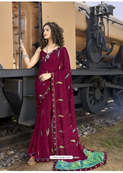 Deep Wine Designer Casual Wear Georgette Sari
