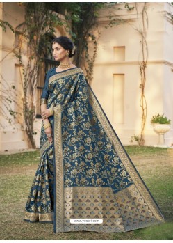 Teal Blue Designer Classic Wear Cotton Jacquard Sari