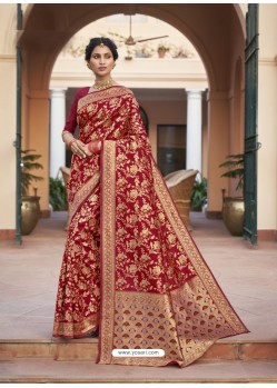 Red Designer Classic Wear Cotton Jacquard Sari