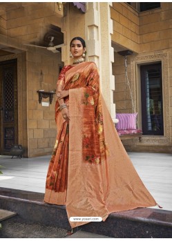 Orange Digital Printed Designer Party Wear Silk Sari