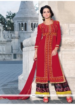 Marvelous Red Lace Work Georgette Designer Palazzo Suit