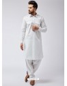 White Readymade Designer Pathani Kurta Pajama For Men